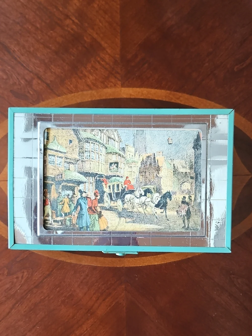 Antique Art Deco Mirror Tile & Wood/Metal Vanity Jewelry Box-Anton Pieck